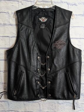 Harley-Davidson Black Leather Chain-Front Motorcycle Vest - Size Large